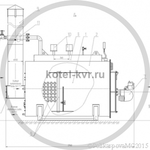 Чертеж котла КВ 300 вид сбоку, топливо газ, мазут, дизель